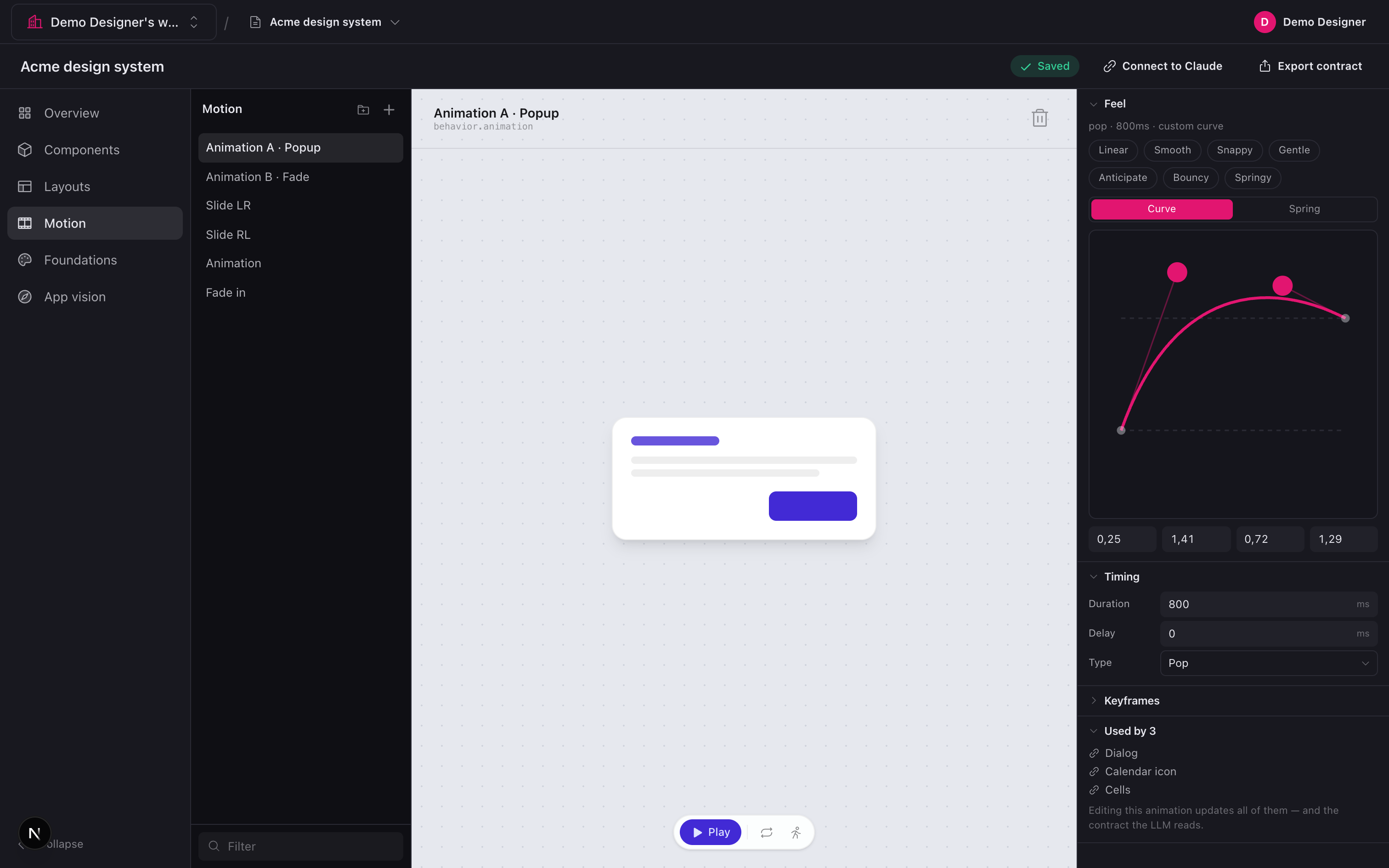 The motion editor: a bezier and spring curve with feel presets, timing, and the list of components it is used by